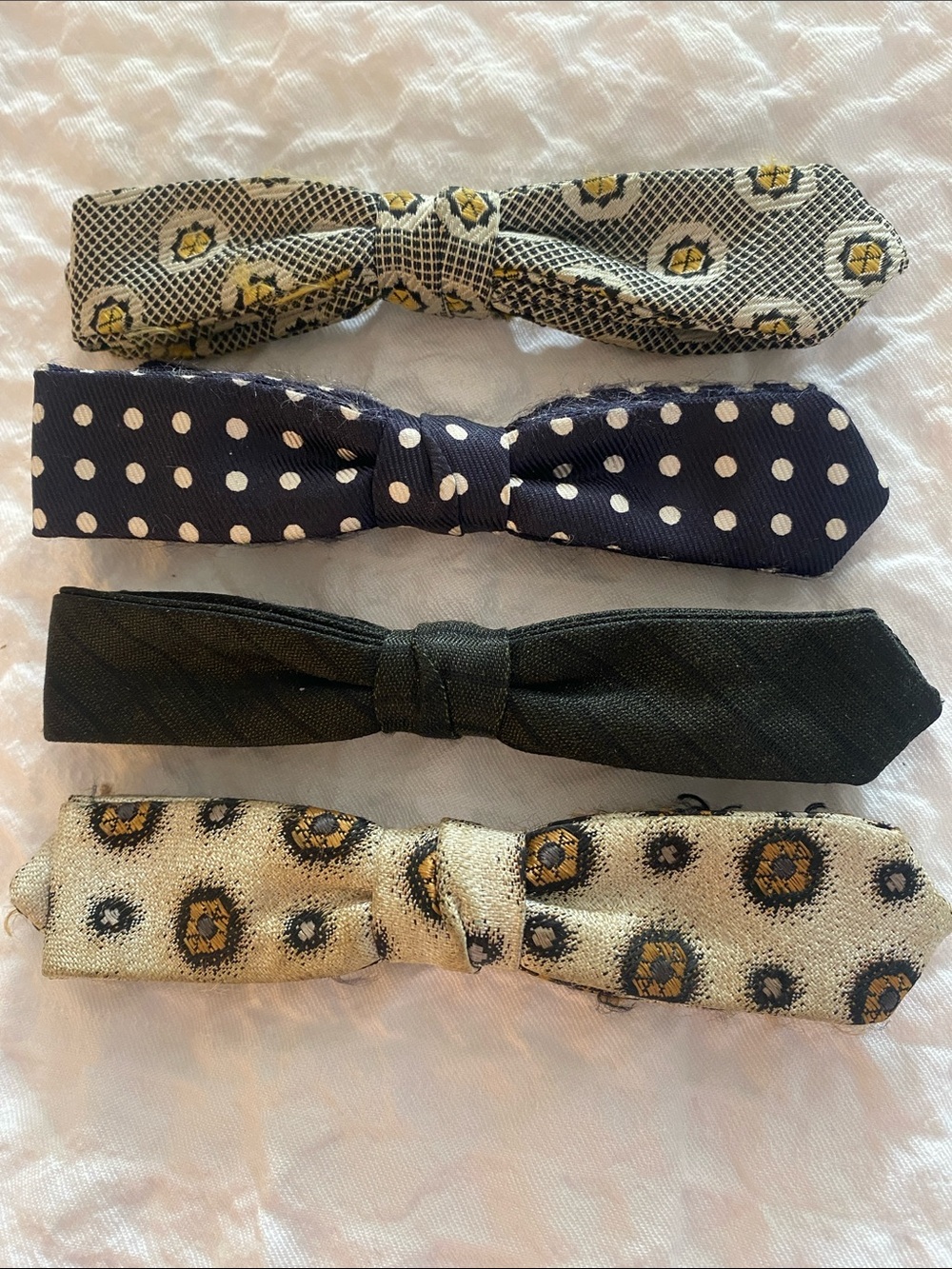 Vintage Men's Bow Ties Set - Navy Polka Dot, Black, Patterned Gold/Beige Retro